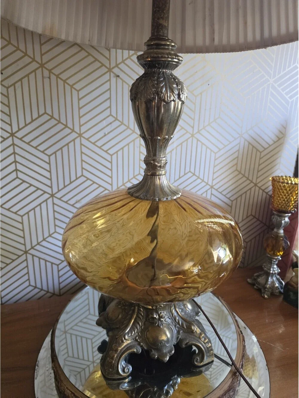 Vintage Midcentury Hollywood Regency Amber Glass Optic Swirl Globe Table Lamp